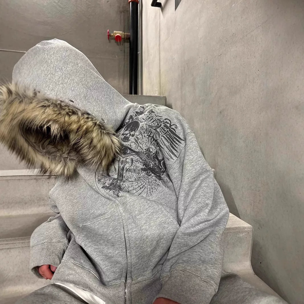 GRAPHIC FUR ZIPPED HOODIE