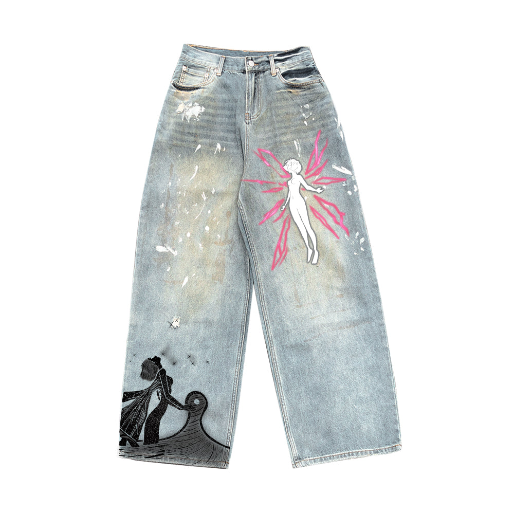 SPRAY ART DESIGN DENIM PANTS