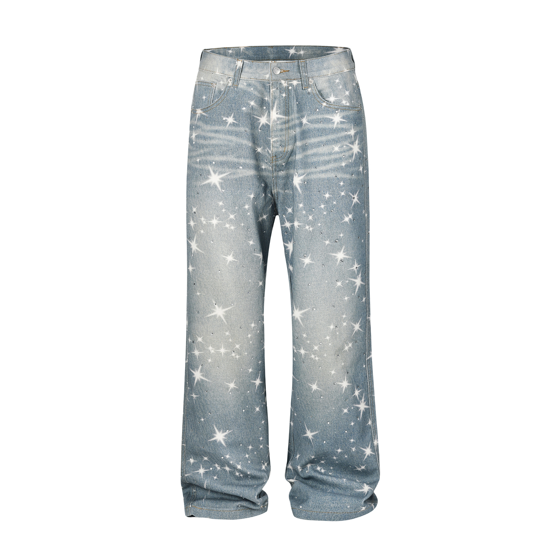 VINTAGE WASHED RHINESTONES STAR PRINT DENIM PANTS